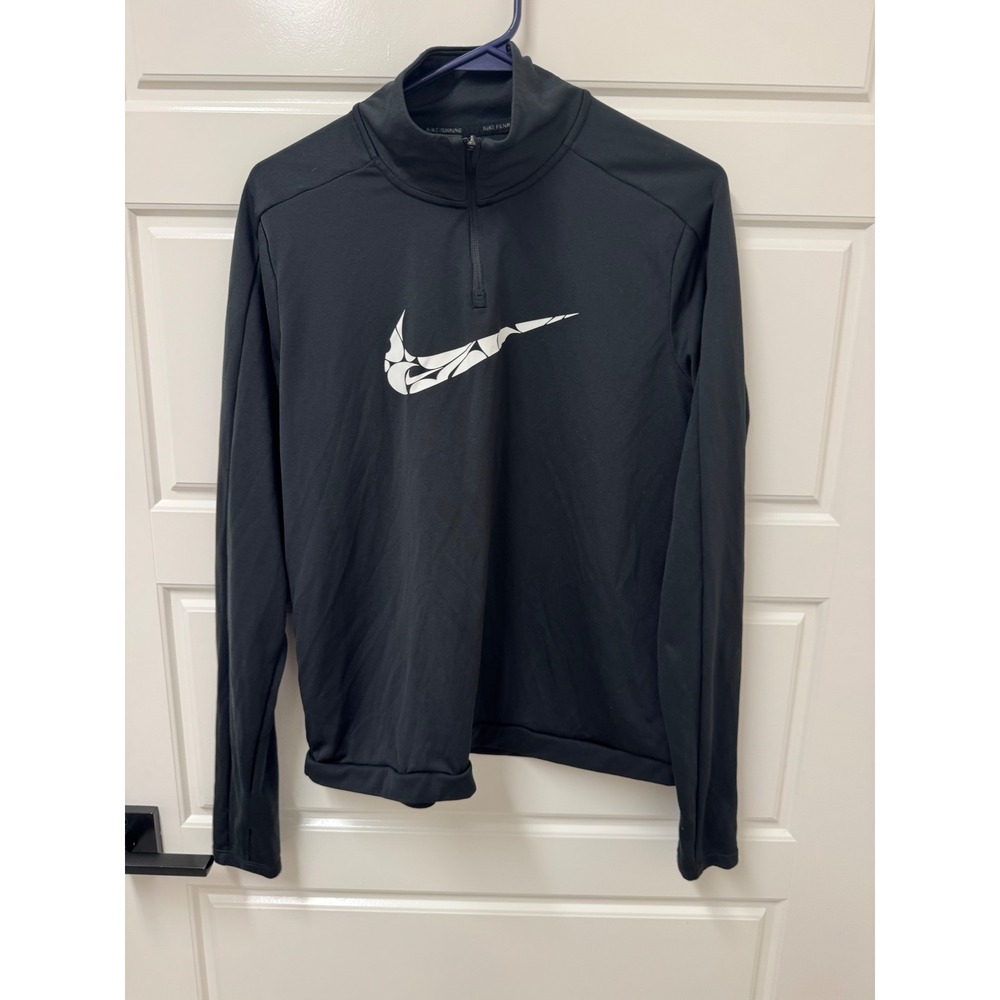 Nike Running Dri-FIT 1/4 Zip Pullover Black Patterned Swoosh Thumbholes Large